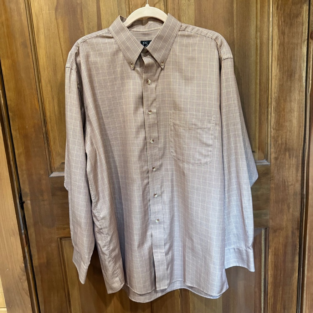 Jos. A. Bank Traveler's Collection Brown Houndstooth Cotton Shirt Mens Large